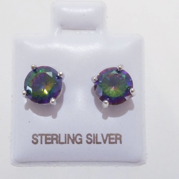 Sterling silver rainbow cz earrings round created mystic topaz studs - Picture 5 of 5